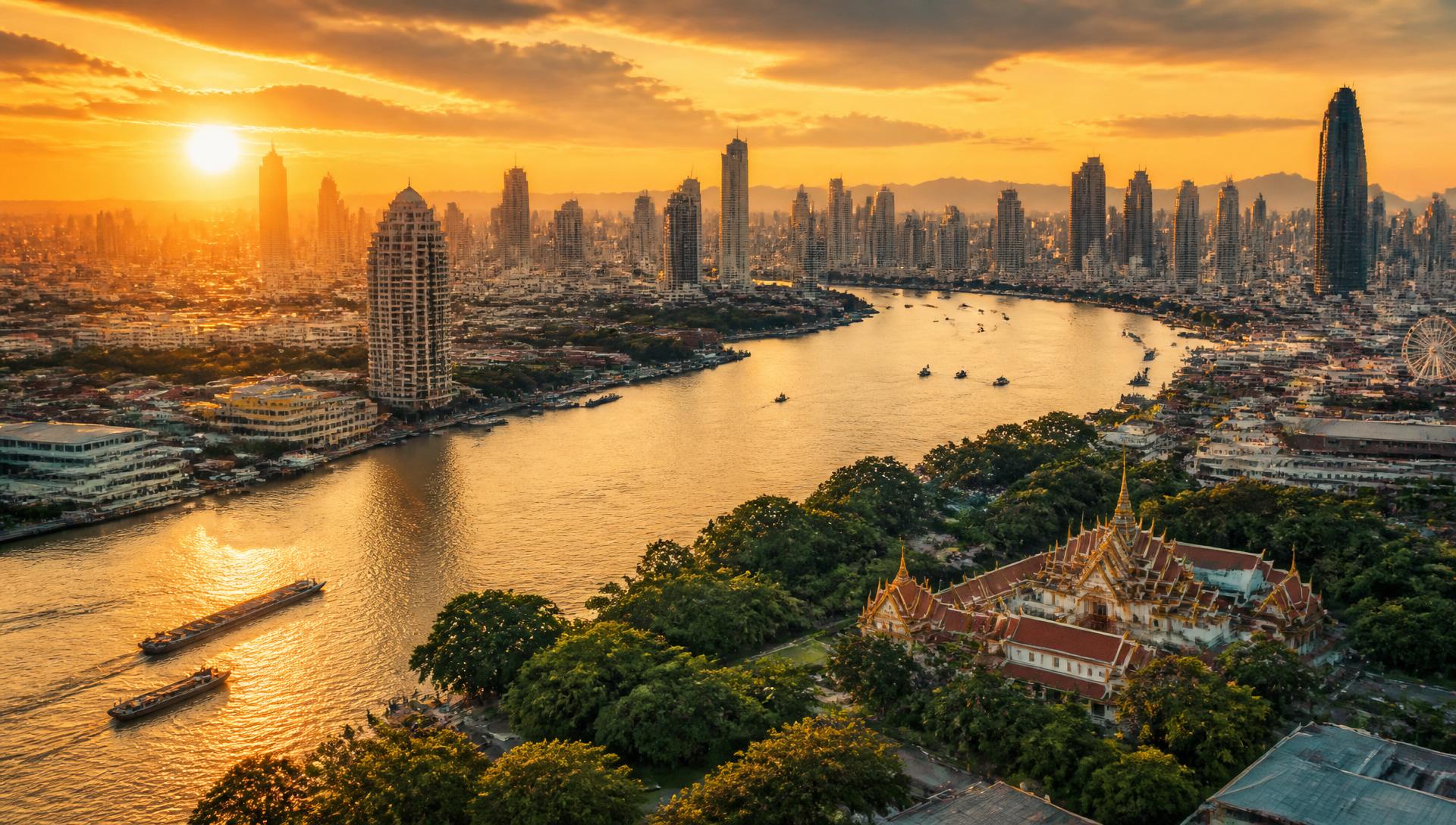 Bangkok skyline at golden hour with the Chao Phraya river and traditional Thai architecture